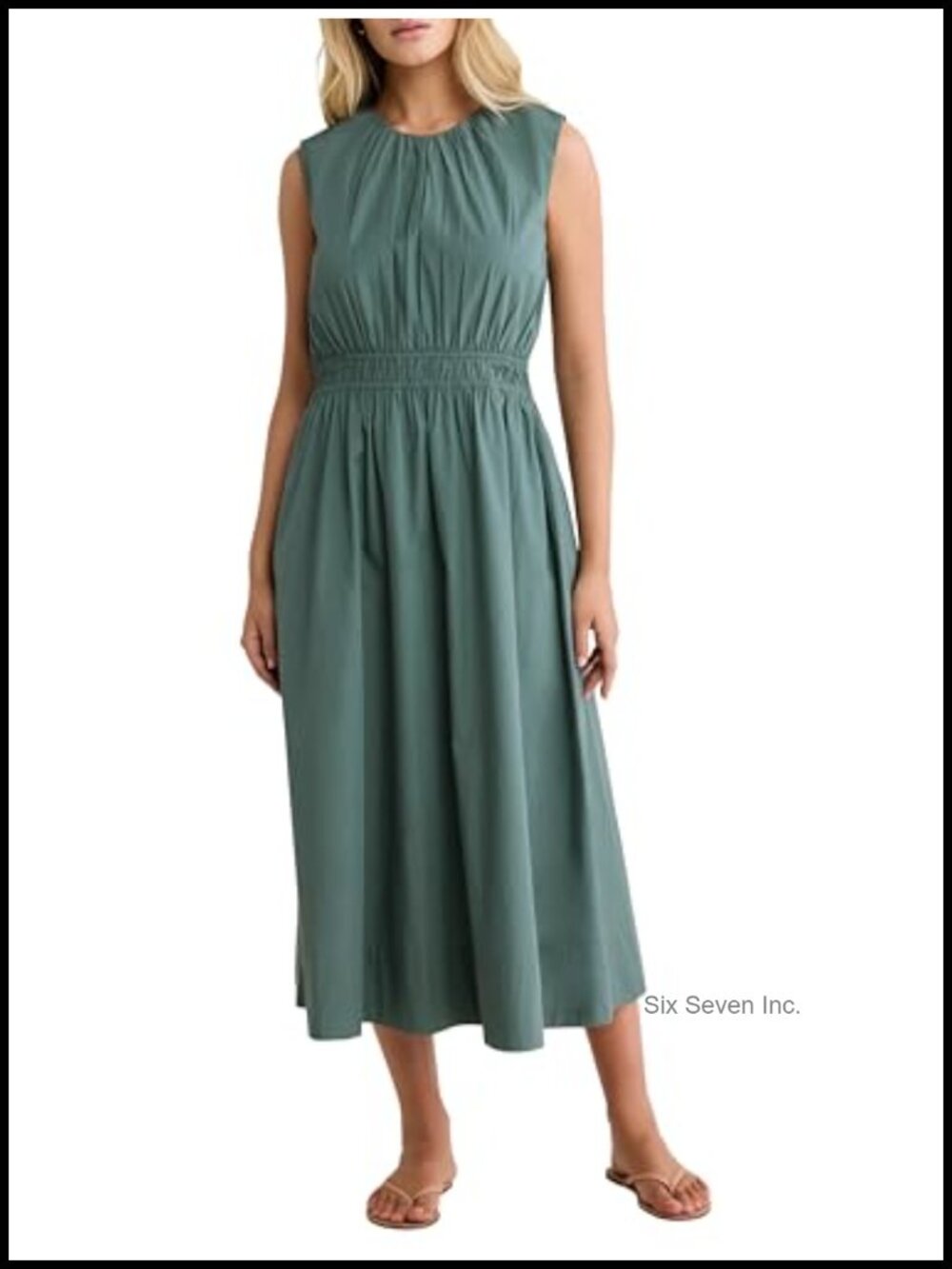 Cotton Poplin Fit & Flare Midi Dress Sleeveless Crew Neck Casual